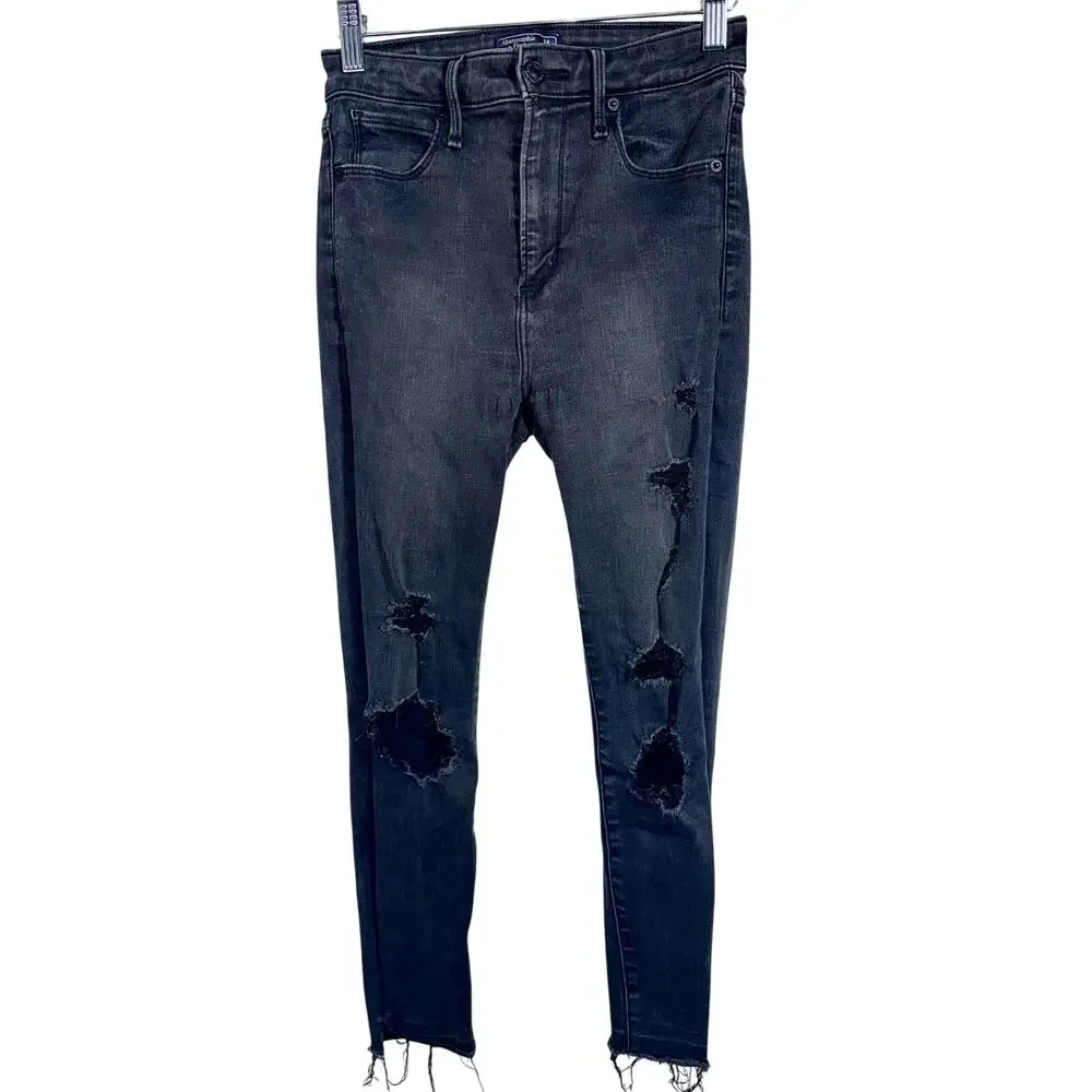 Abercrombie & Fitch Simone High Rise Ankle Black Distressed Skinny Jeans Size 24